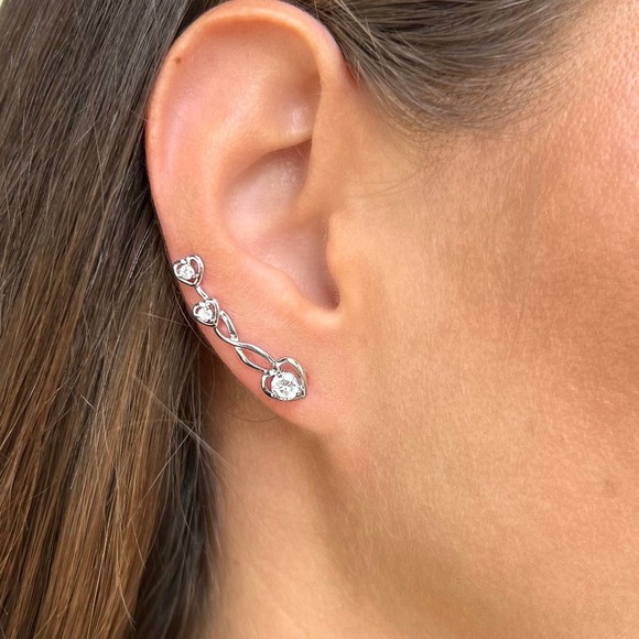 Hearts ear climbers with CZ diamonds - Sterling Silver 925 - Picture 1 of 2